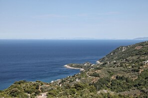 A coastal landscape with a clear view of the sea, a winding road, and scattered buildings on a hillside. - Theta Hotel (Zagora-Mouresi)