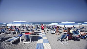 Une plage bordée de rangées de chaises longues et de parasols, un ciel dégagé et une personne qui se promène.