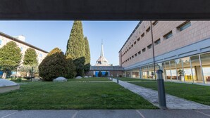 A courtyard with a grassy area, a tall tree, and a building with a pointed roof. - Villa EUR - Parco dei Pini (Rome)