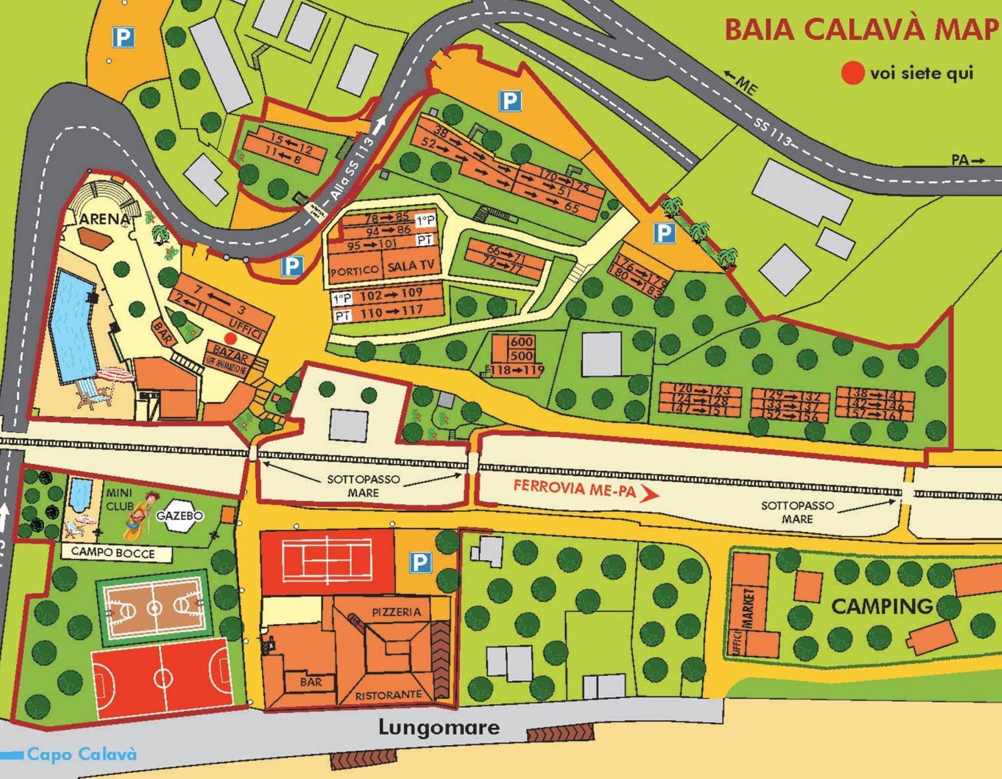 Una mappa di Baia Calavà con i servizi indicati, come un bar, ristorante e area campeggio.