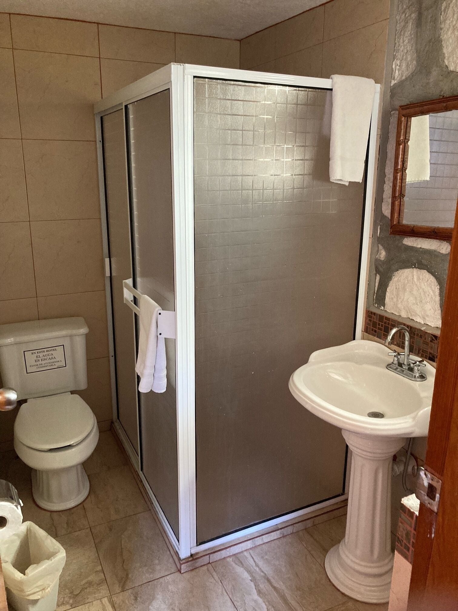 A bathroom with a shower enclosure, toilet, and sink.