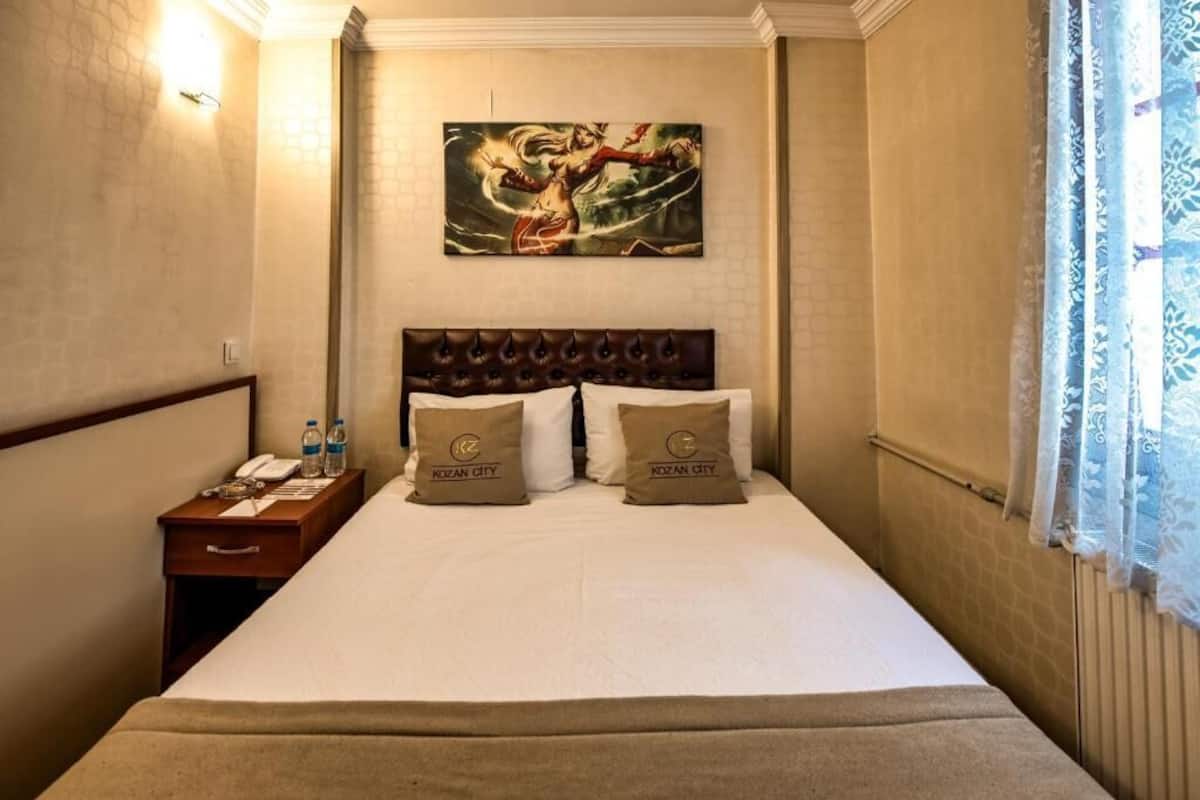 Camera d'albergo con un letto grande, due cuscini con il logo dell'hotel, un comodino con un telefono e bottiglie d'acqua, e un quadro appeso al muro.