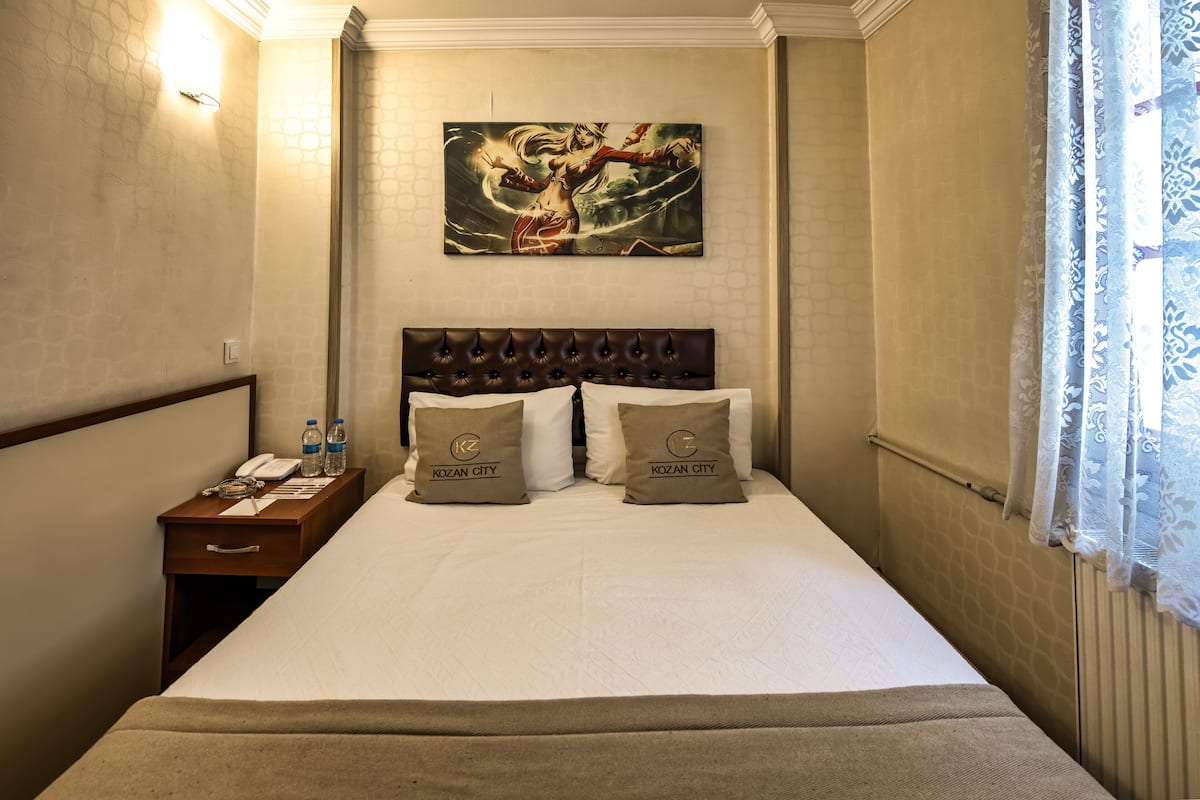 Camera d'albergo con un letto grande, due cuscini con il logo dell'hotel, un comodino con telefono e bottiglie d'acqua, e un quadro appeso al muro.