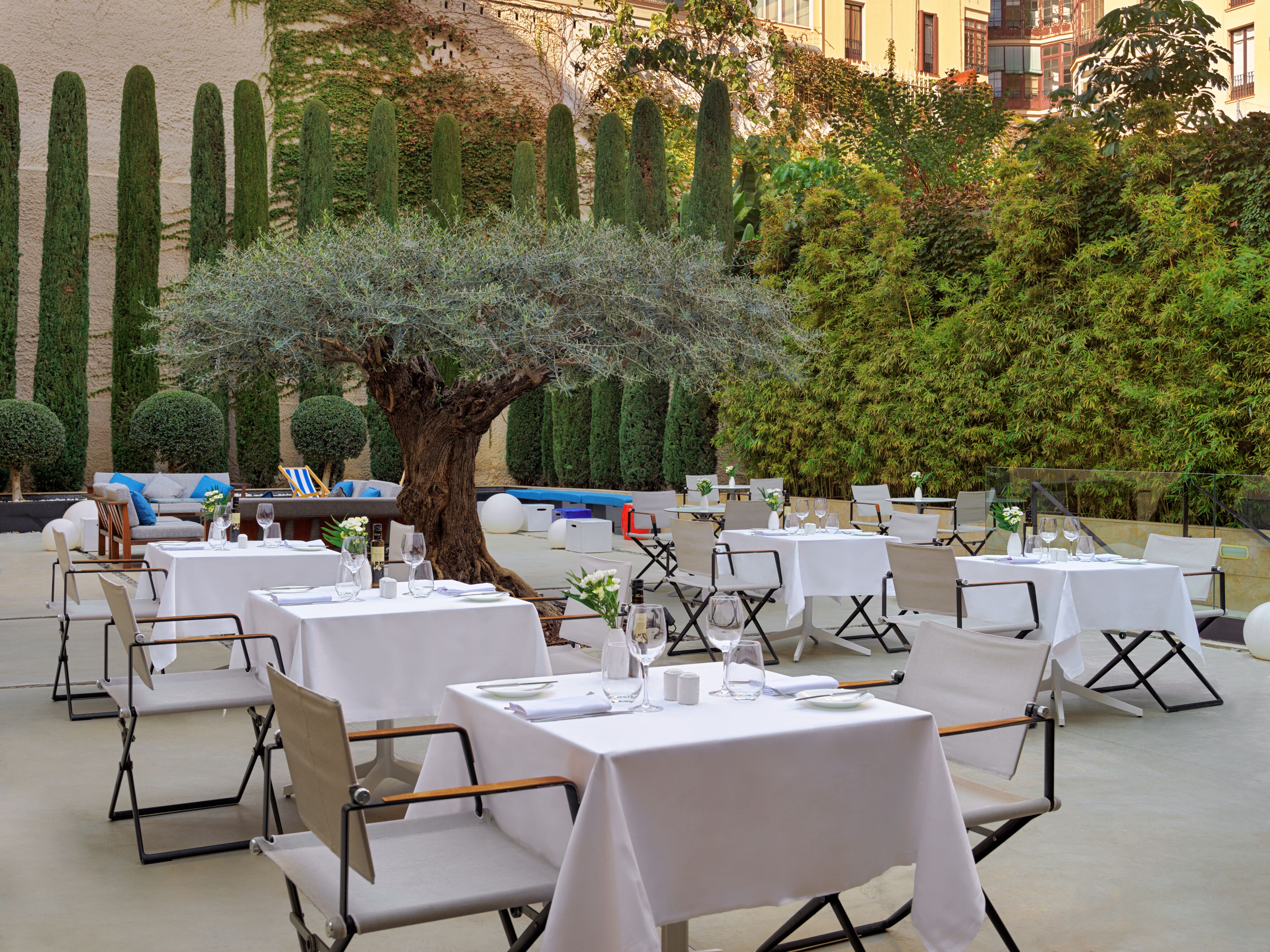 Un área de comedor al aire libre con mesas dispuestas para una comida, rodeada de setos bien cuidados y un árbol grande.