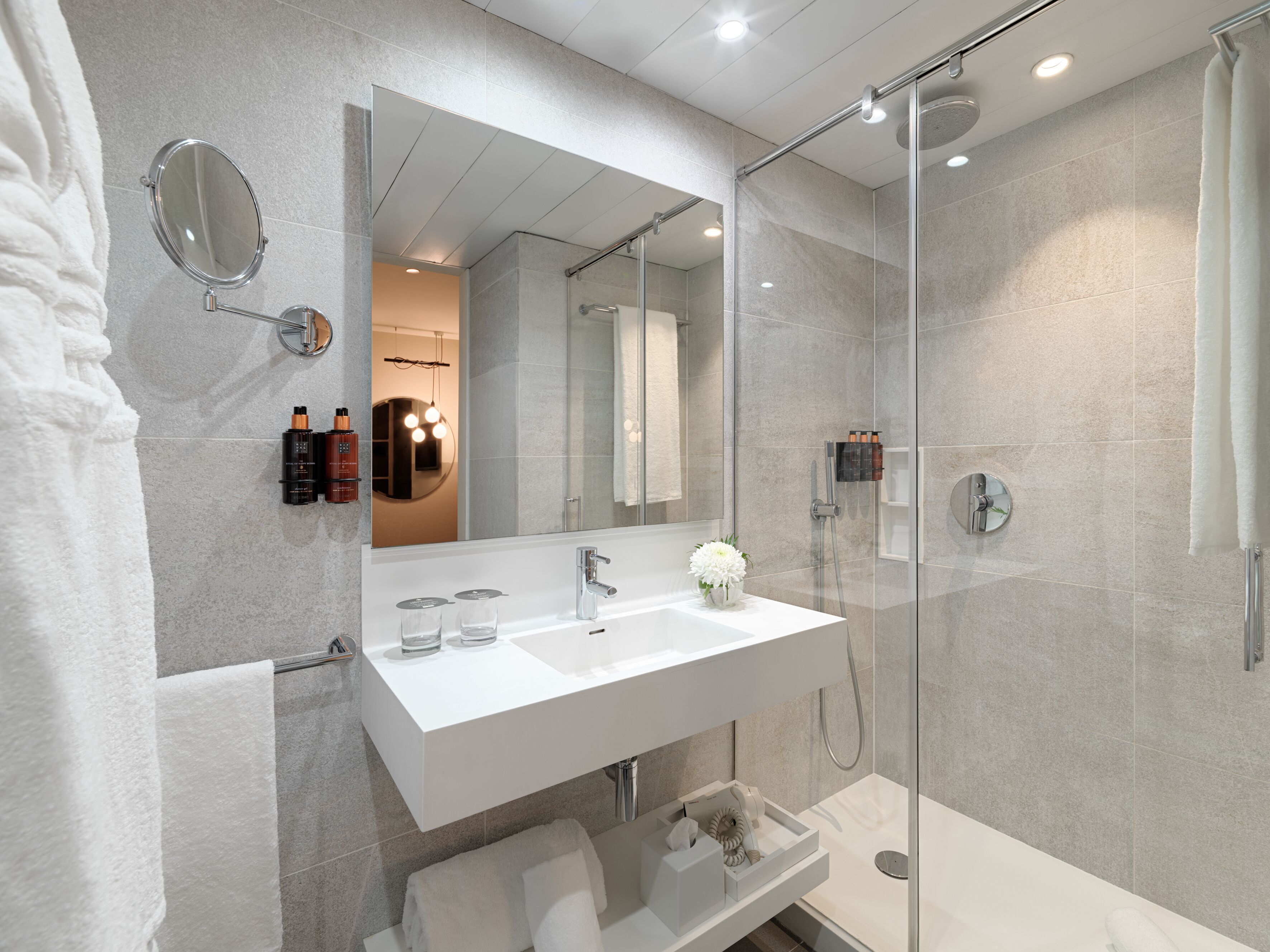 shower, eco-friendly toiletries, hair dryer, bathrobes