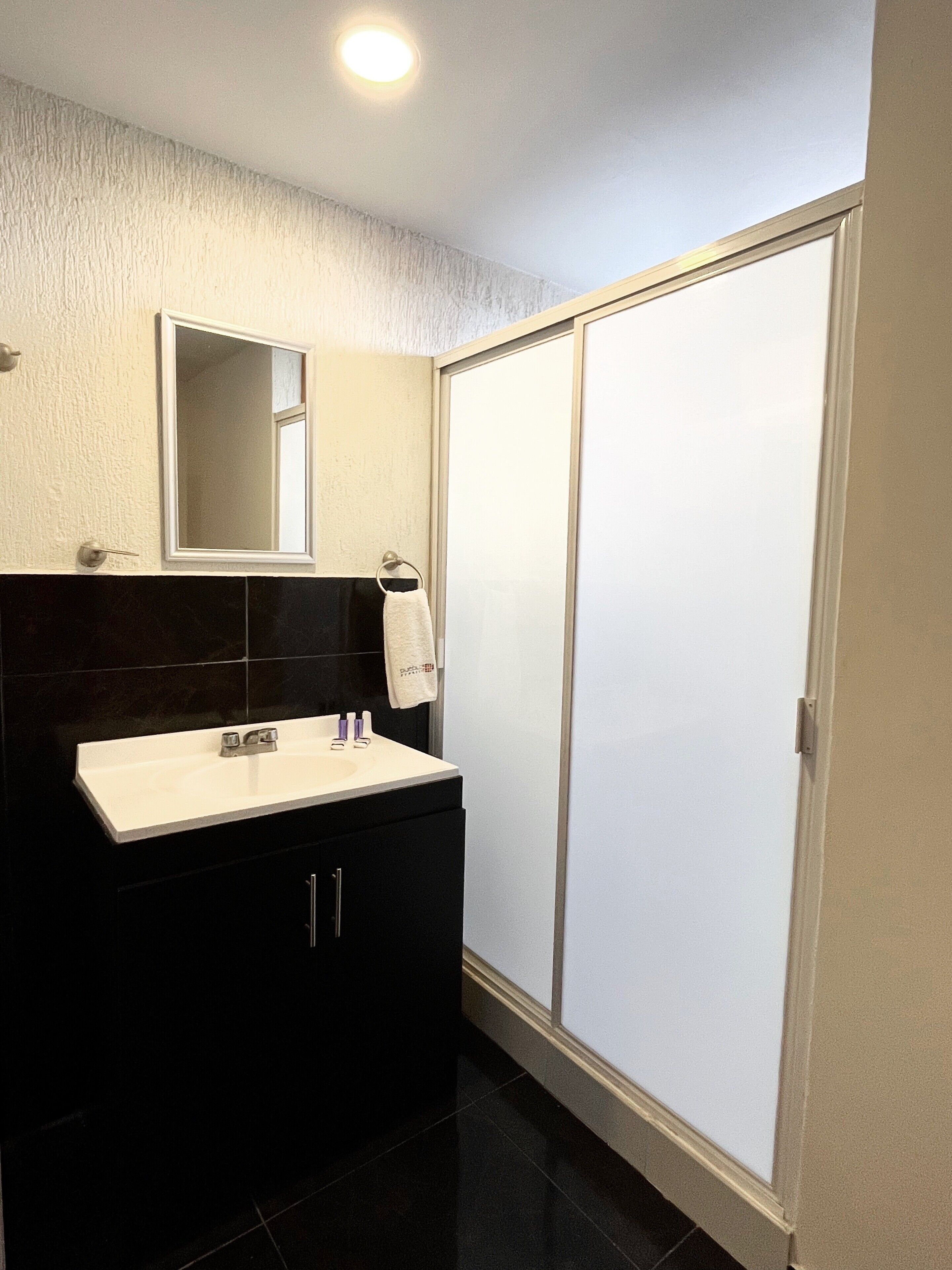 A bathroom with a black vanity, white sink, and a mirror above it. There is a towel hanging on a ring, and a white door to the right.