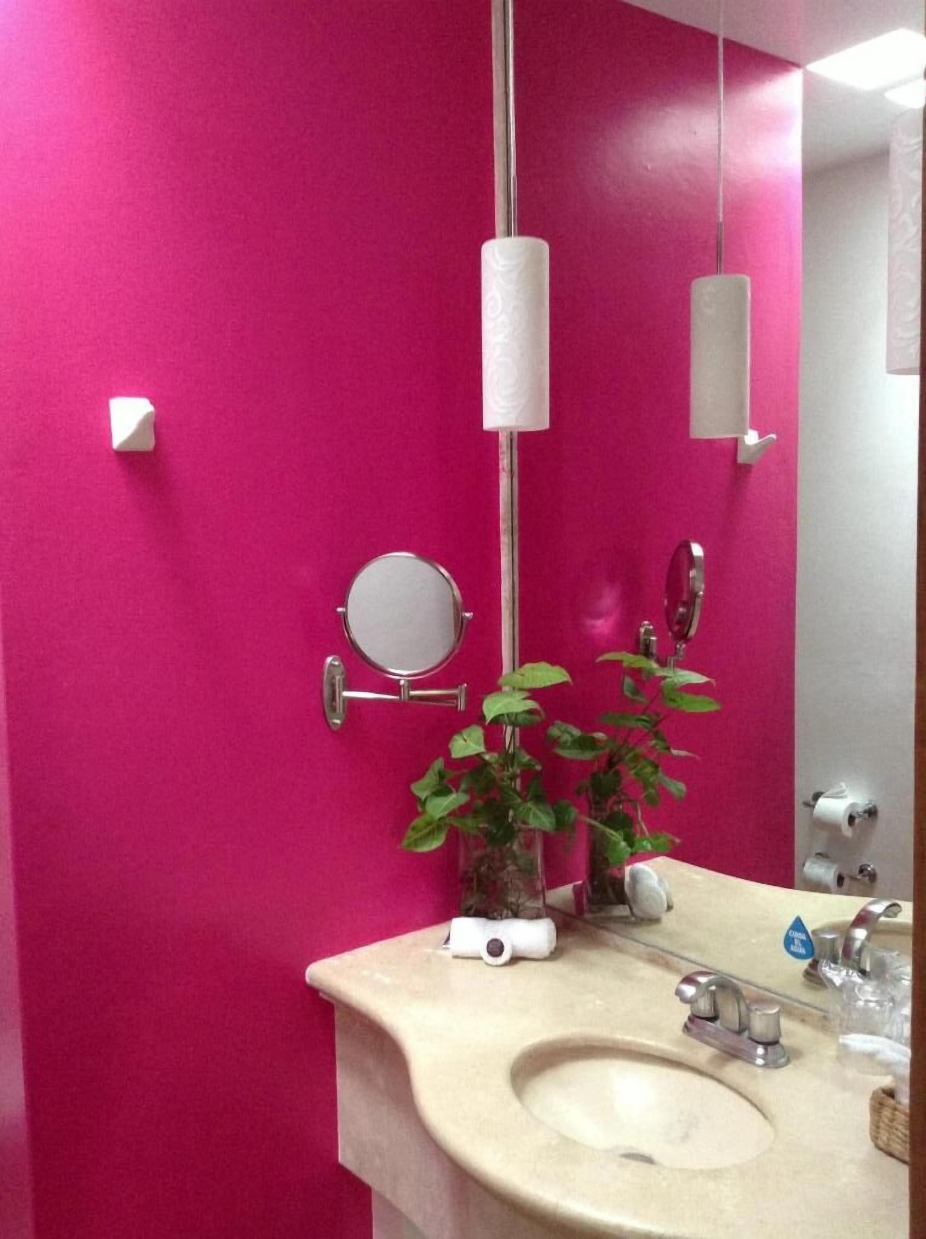 Un baño con pared rosa, un espejo redondo, un lavabo, un grifo, un dispensador de jabón y una planta en maceta.