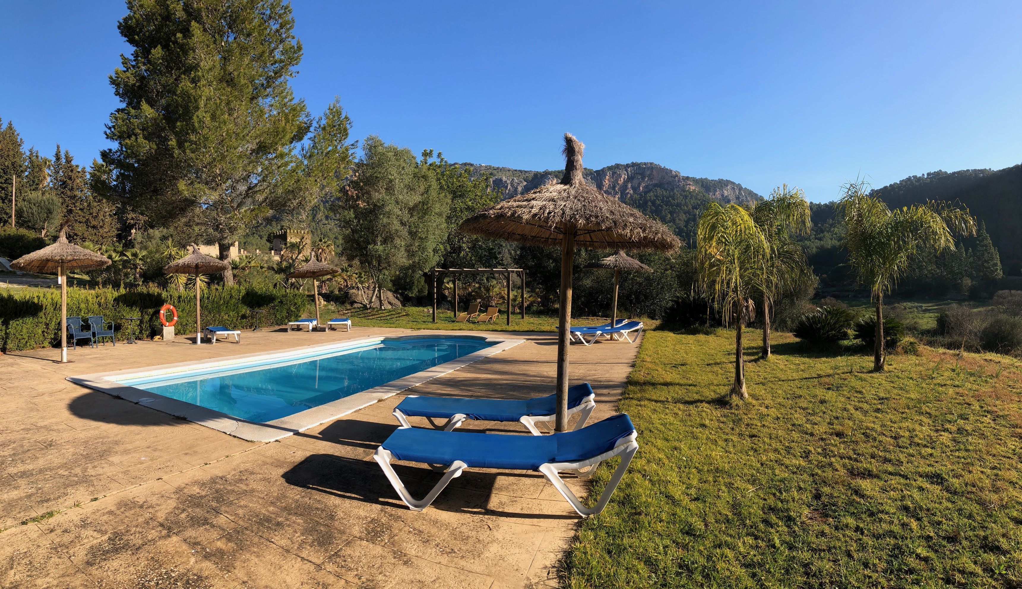 outdoor pool, pool umbrellas, pool loungers