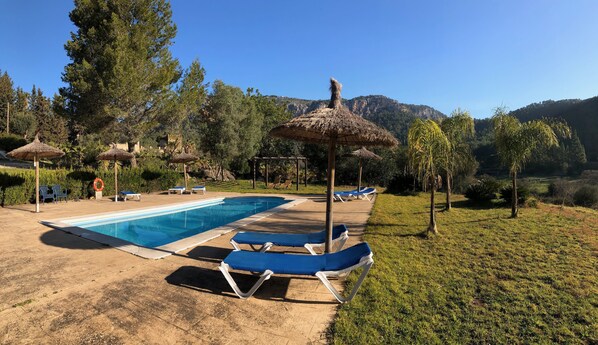 Piscine extérieure, parasols de plage, chaises longues