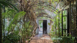A covered pathway lined with potted plants and a glass door at the end. - La Rose Suites (Phnom Penh)