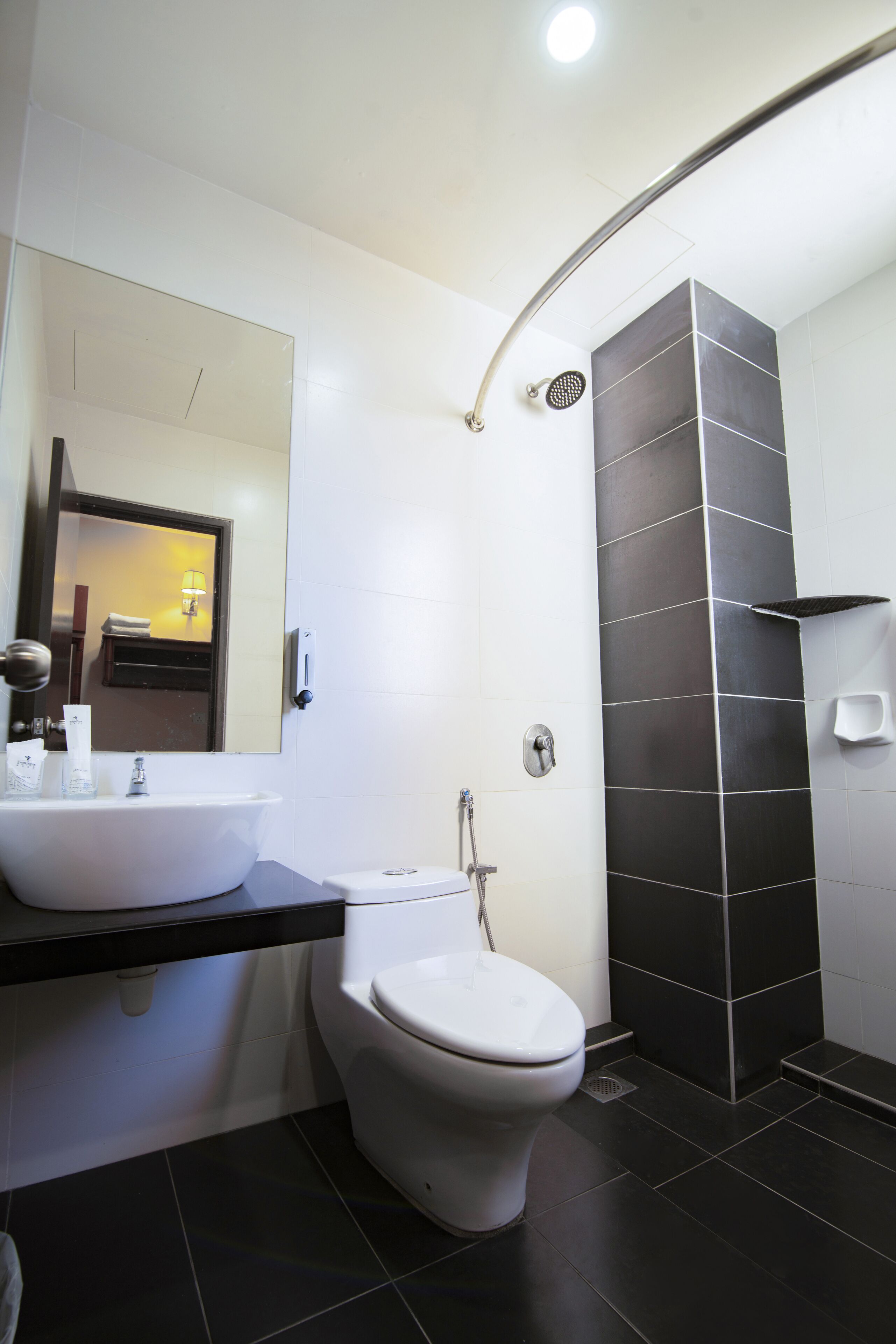 Shower, designer toiletries, hair dryer, bidet