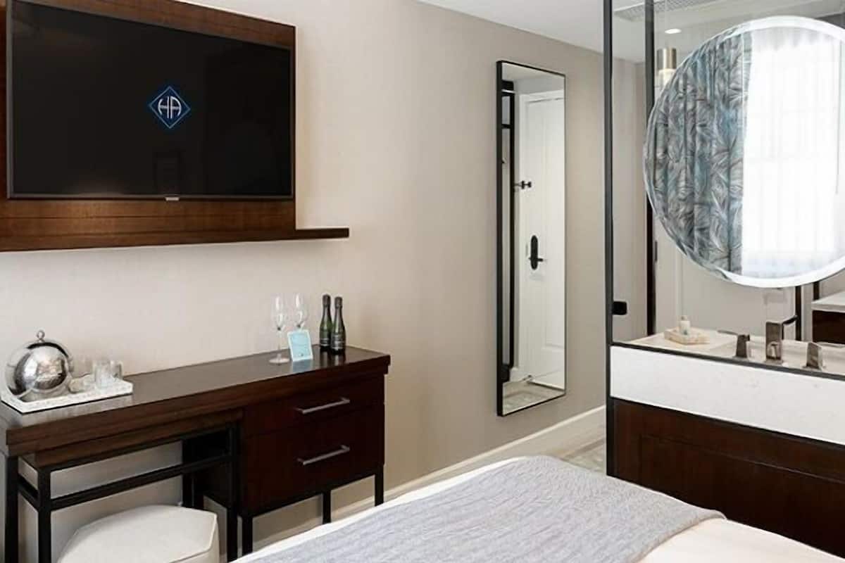 A hotel room with a bed, a desk with drawers, a mirror, a television, and a door.