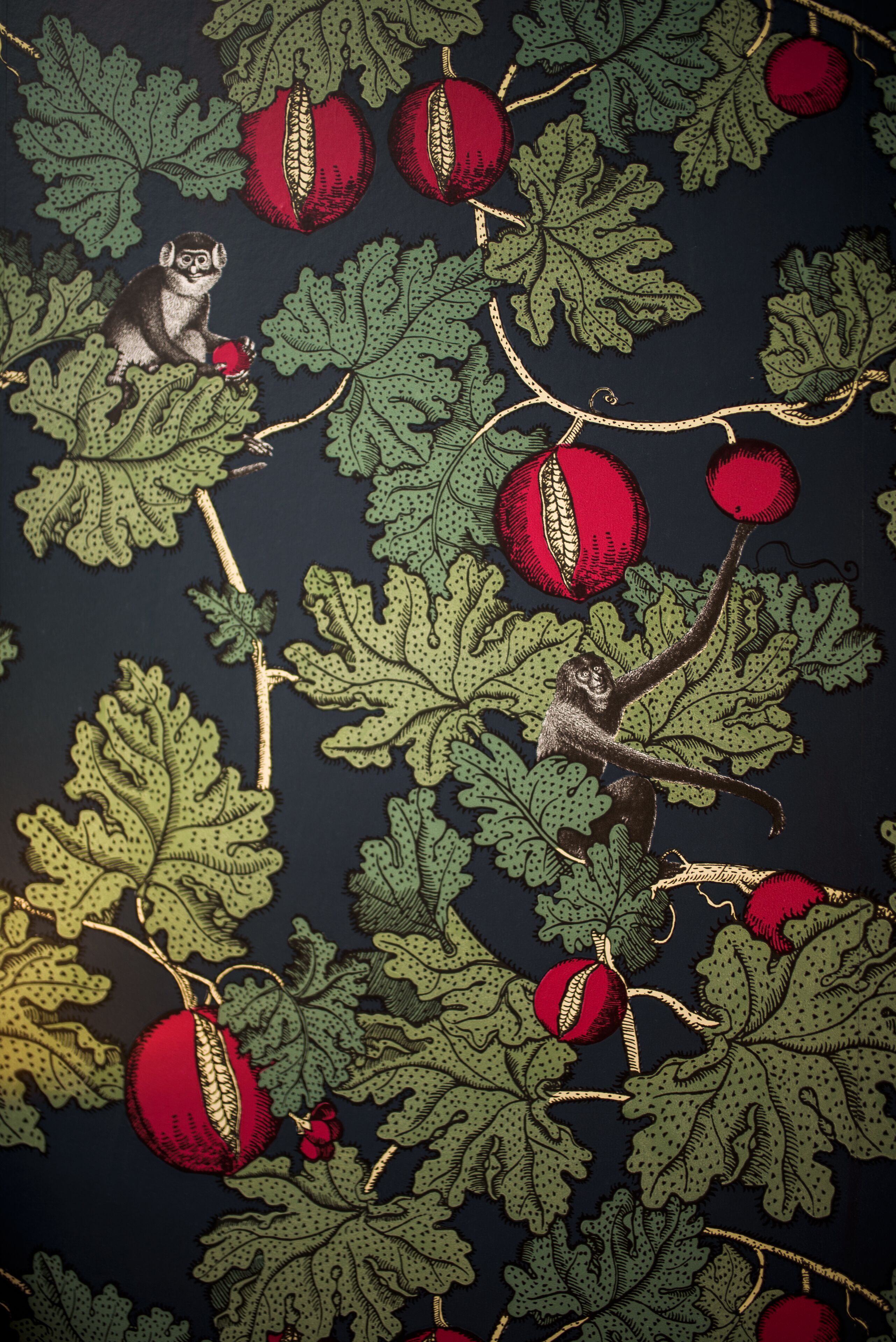 A detailed embroidery of a monkey holding a red fruit, surrounded by green leaves and red fruits on a dark background.