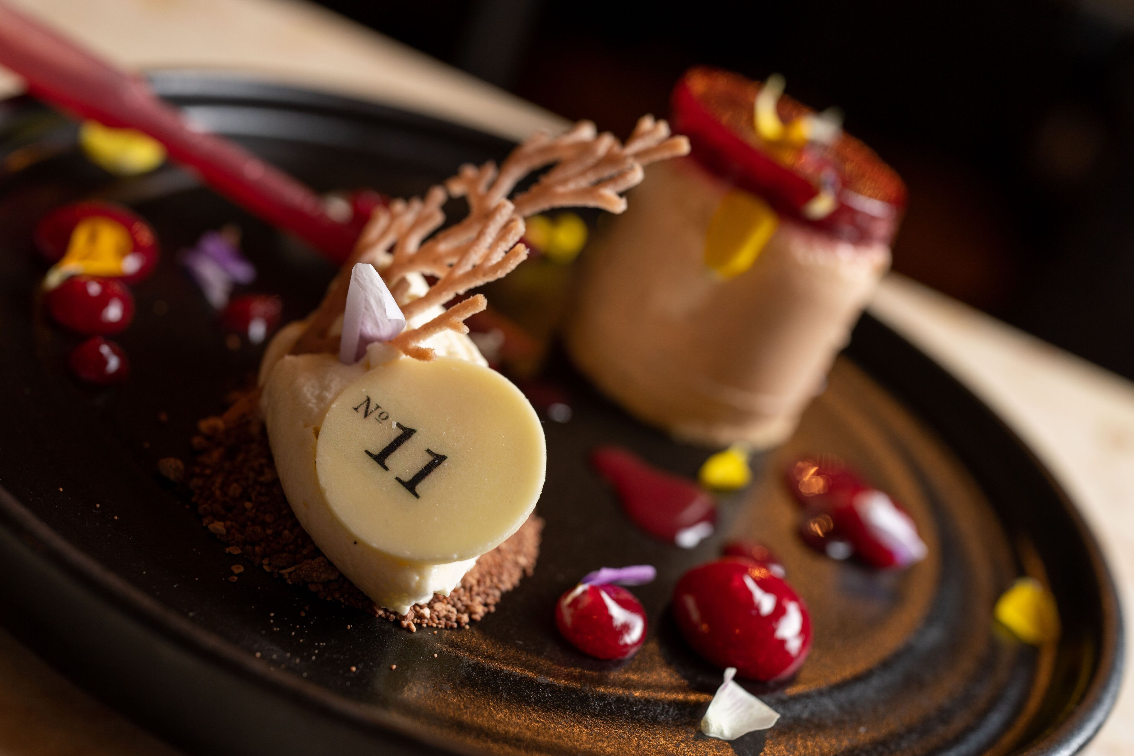 A dessert plate with two chocolate desserts, one with a number '11' on it, and various colorful garnishes.