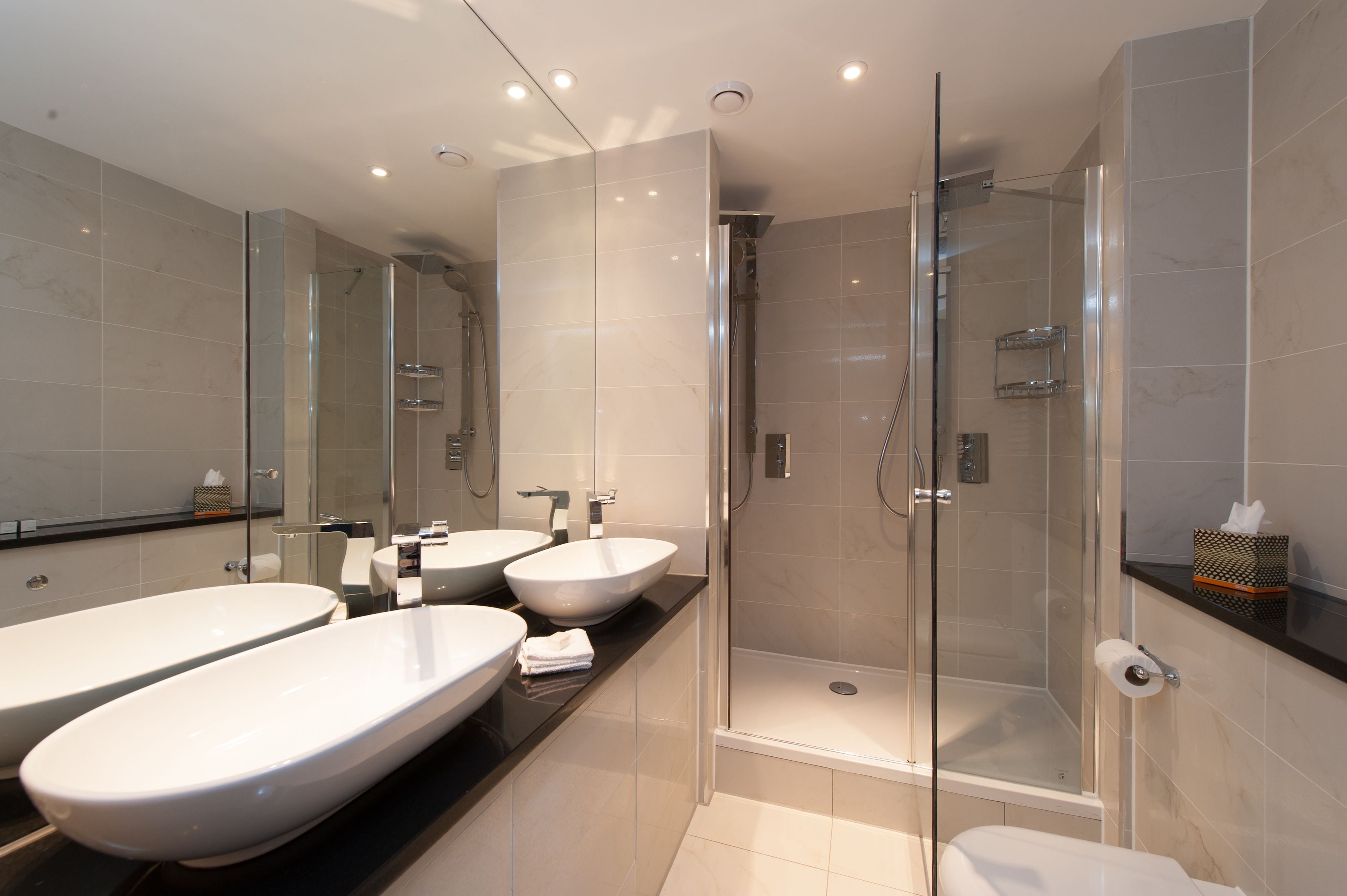 A modern bathroom with two sinks, a glass shower enclosure, and a toilet.
