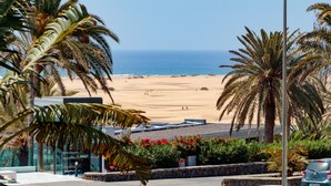 Une vue sur la plage, avec des palmiers et un ciel dégagé.