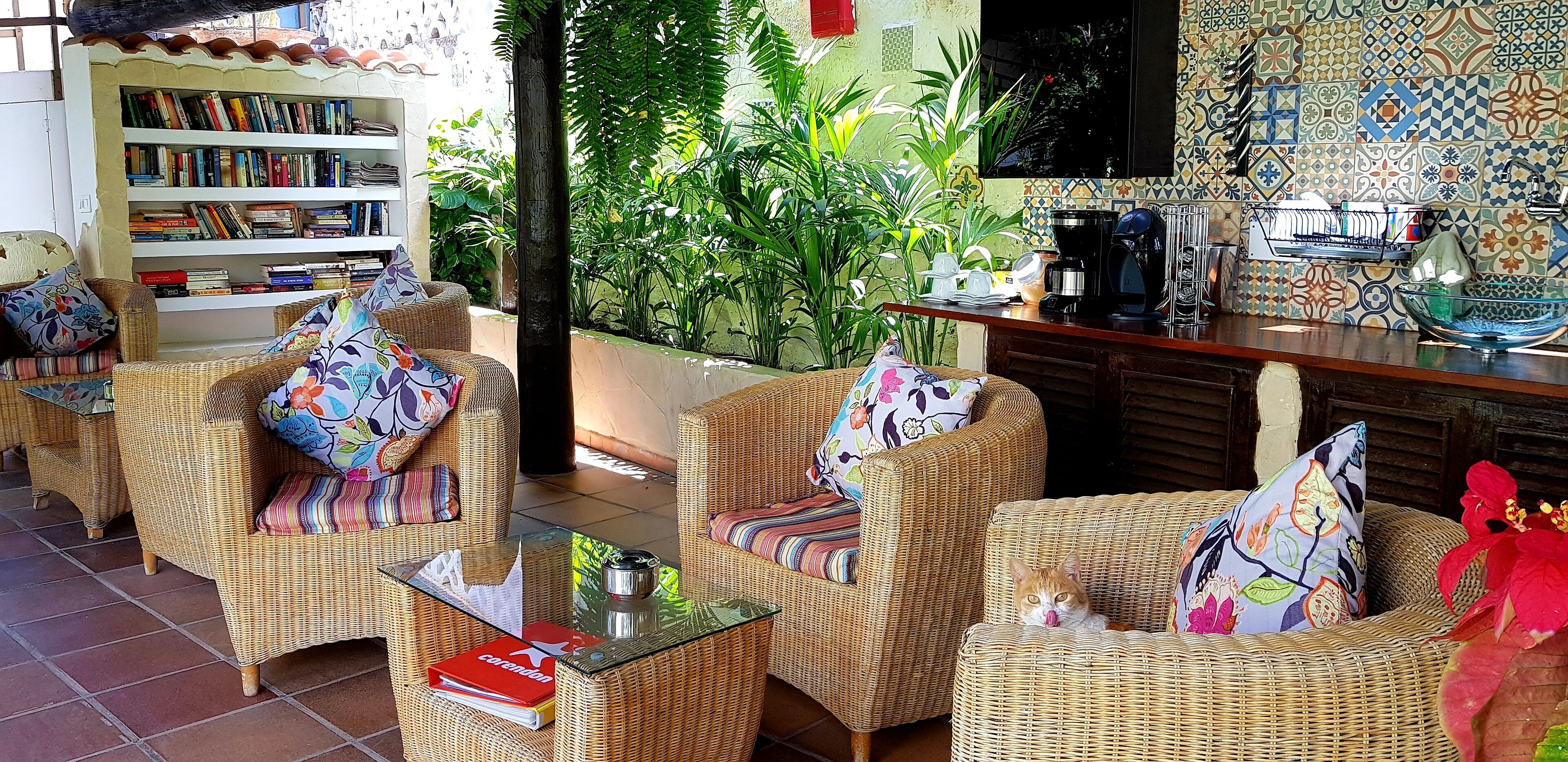 Un rincón al aire libre acogedor con mobiliario de mimbre y cojines coloridos, una estantería llena de libros y una encimera de cocina con cafetera y azulejos decorativos.