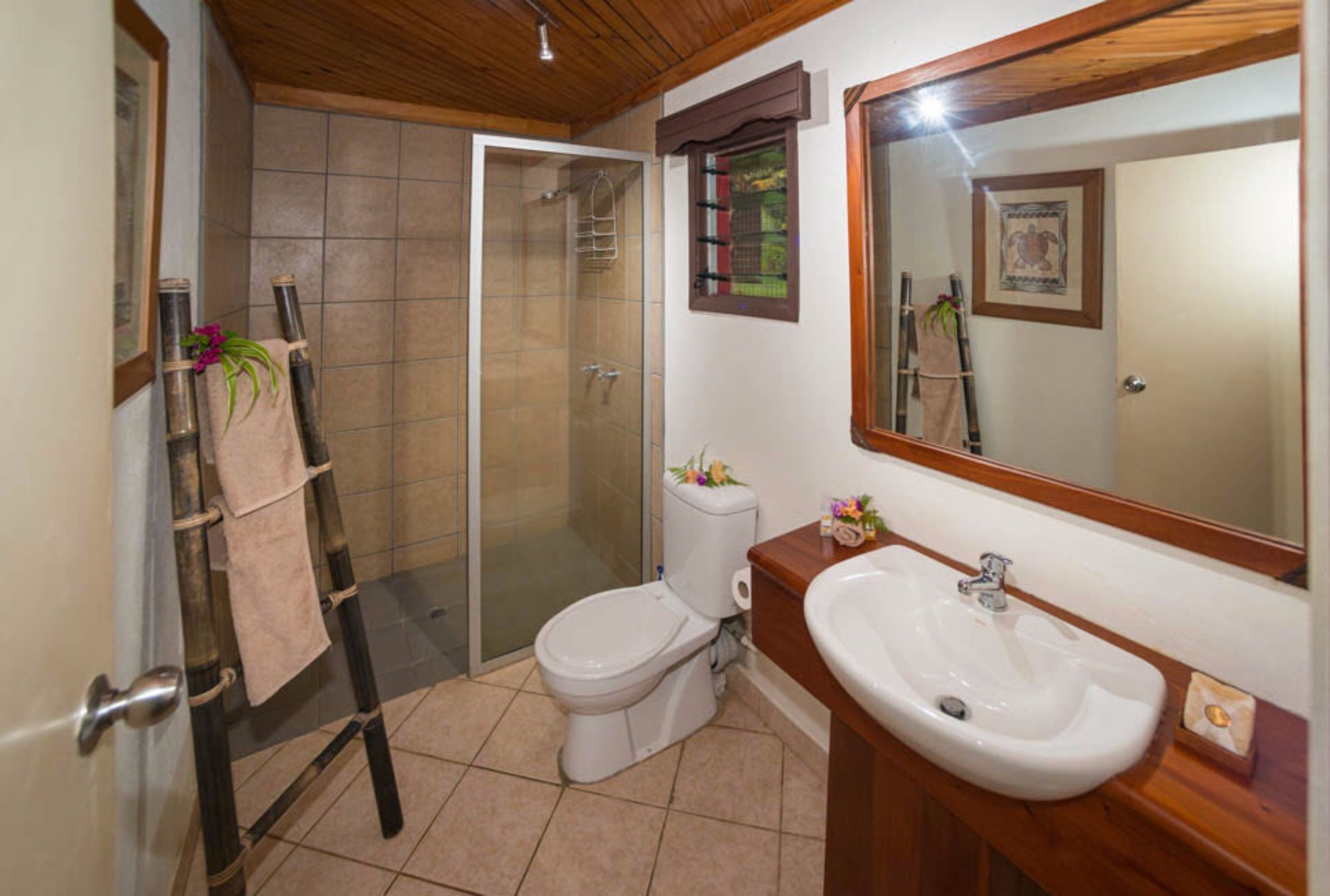 shower, free toiletries, hair dryer, towels