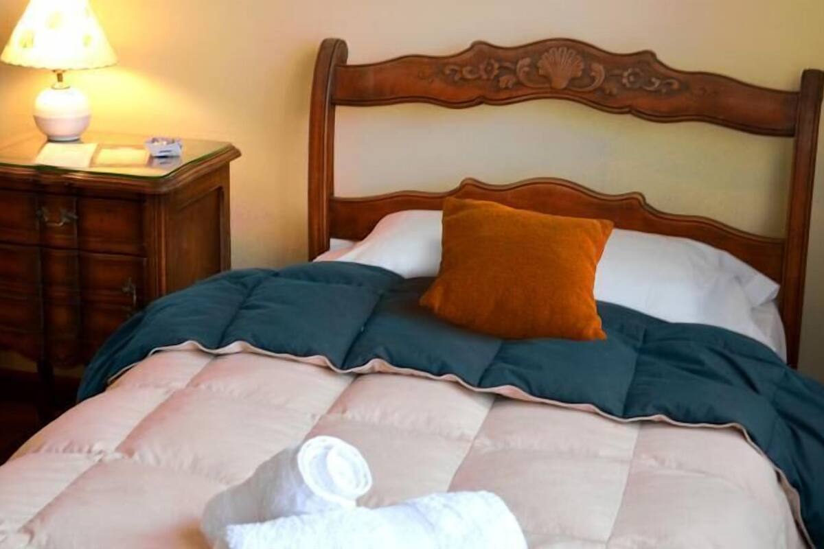 Un lit bien fait, recouvert d’une courtepointe matelassée, une tête de lit en bois ornée de motifs décoratifs, une lampe de chevet et une table de chevet dotée de tiroirs.