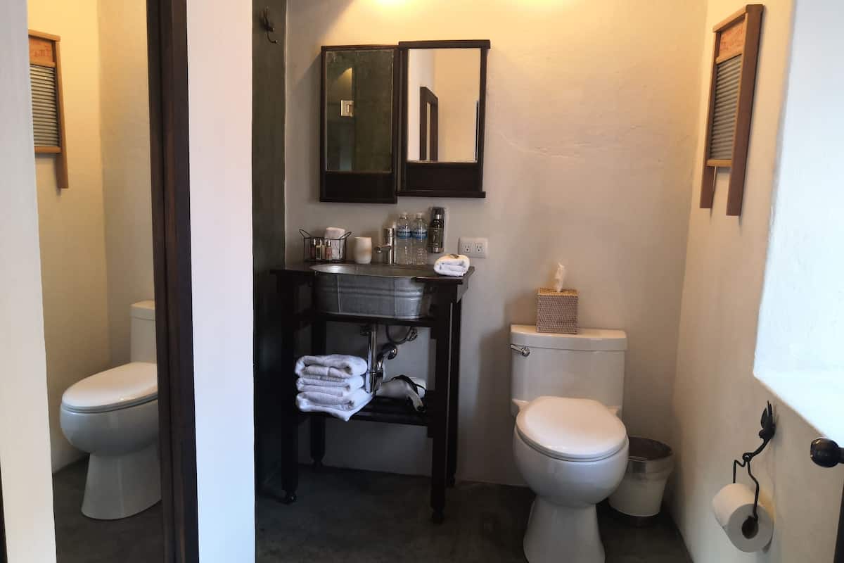 designer toiletries, hair dryer, towels