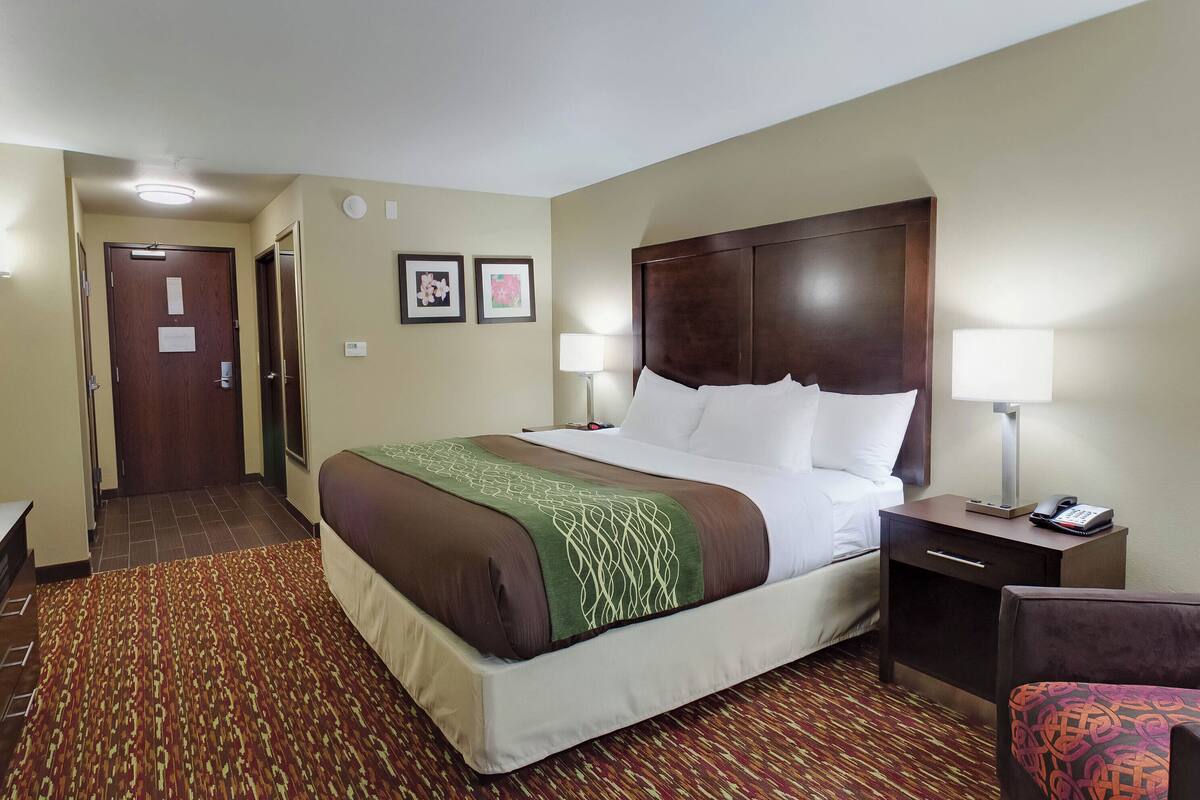 Habitación de hotel con una cama grande, dos lámparas de noche, una mesita de noche con un teléfono y una alfombra estampada.