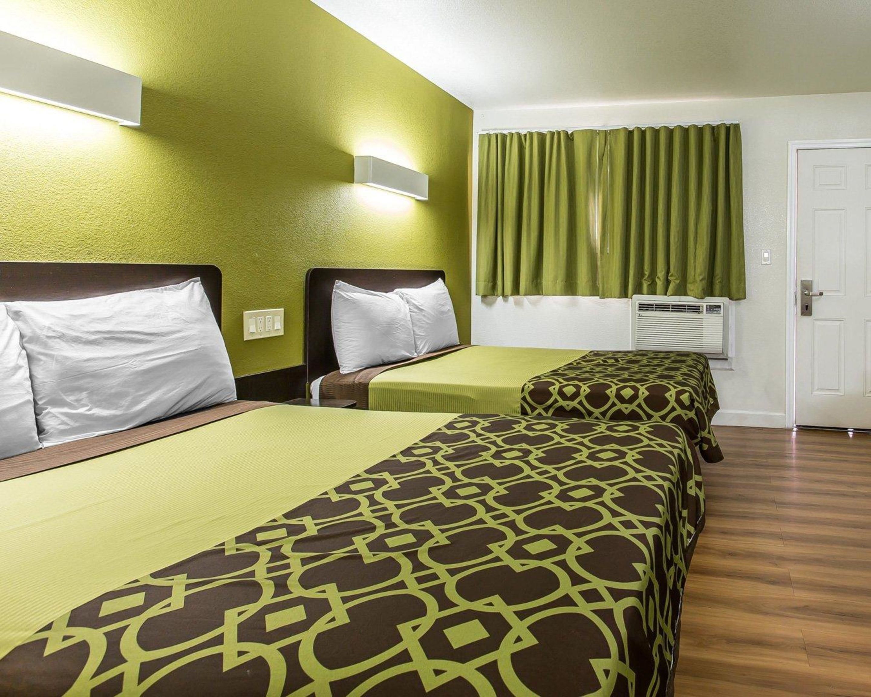 Habitación de hotel con dos camas, una pared verde, una ventana con cortinas y una puerta.