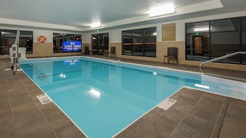 Indoor pool, open 10:00 AM to 10:00 PM, sun loungers