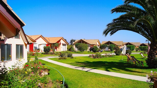 Una hilera de casas de un piso con un césped cuidado y macizos de flores.