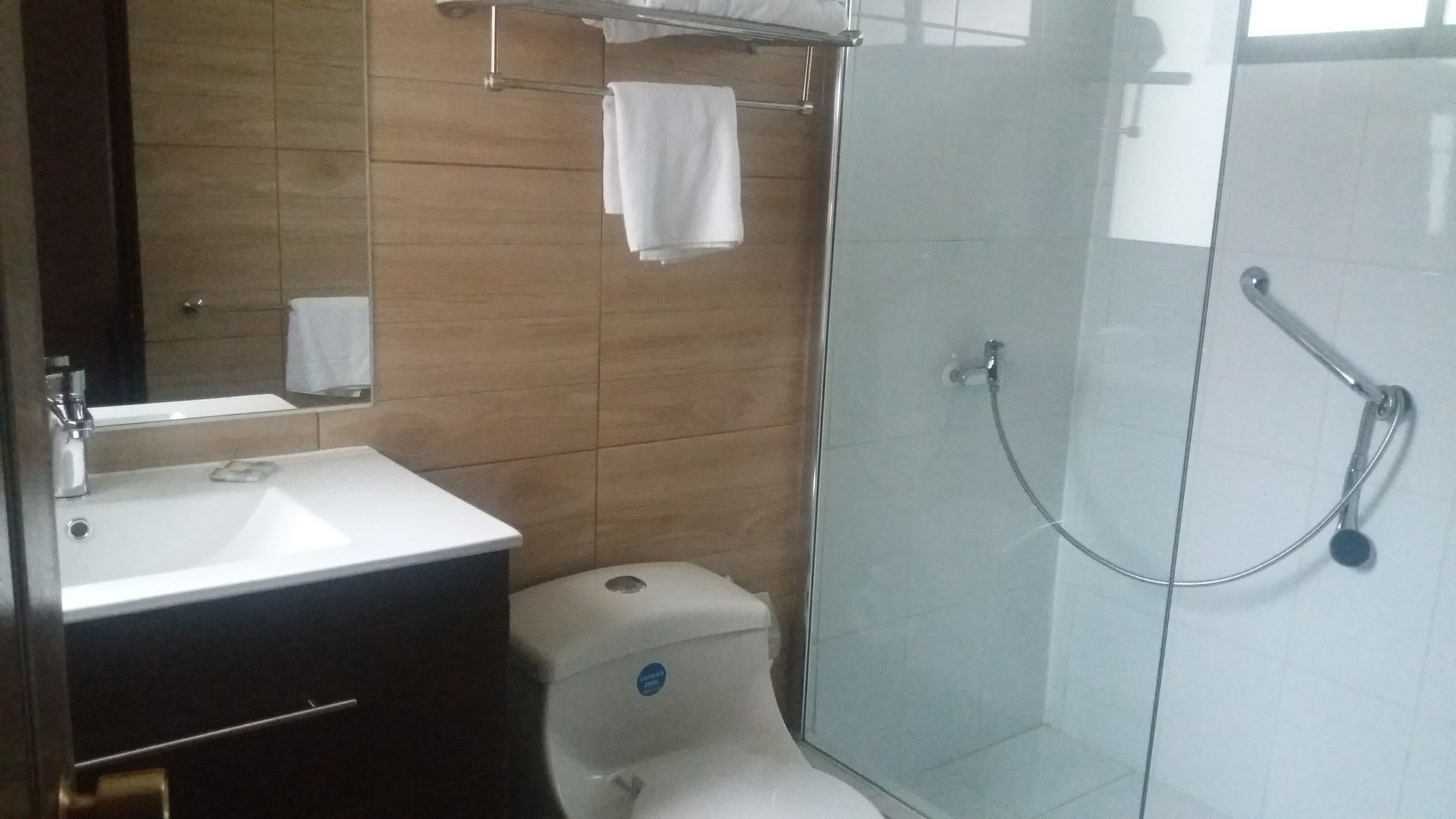 A bathroom with a shower, toilet, and sink.