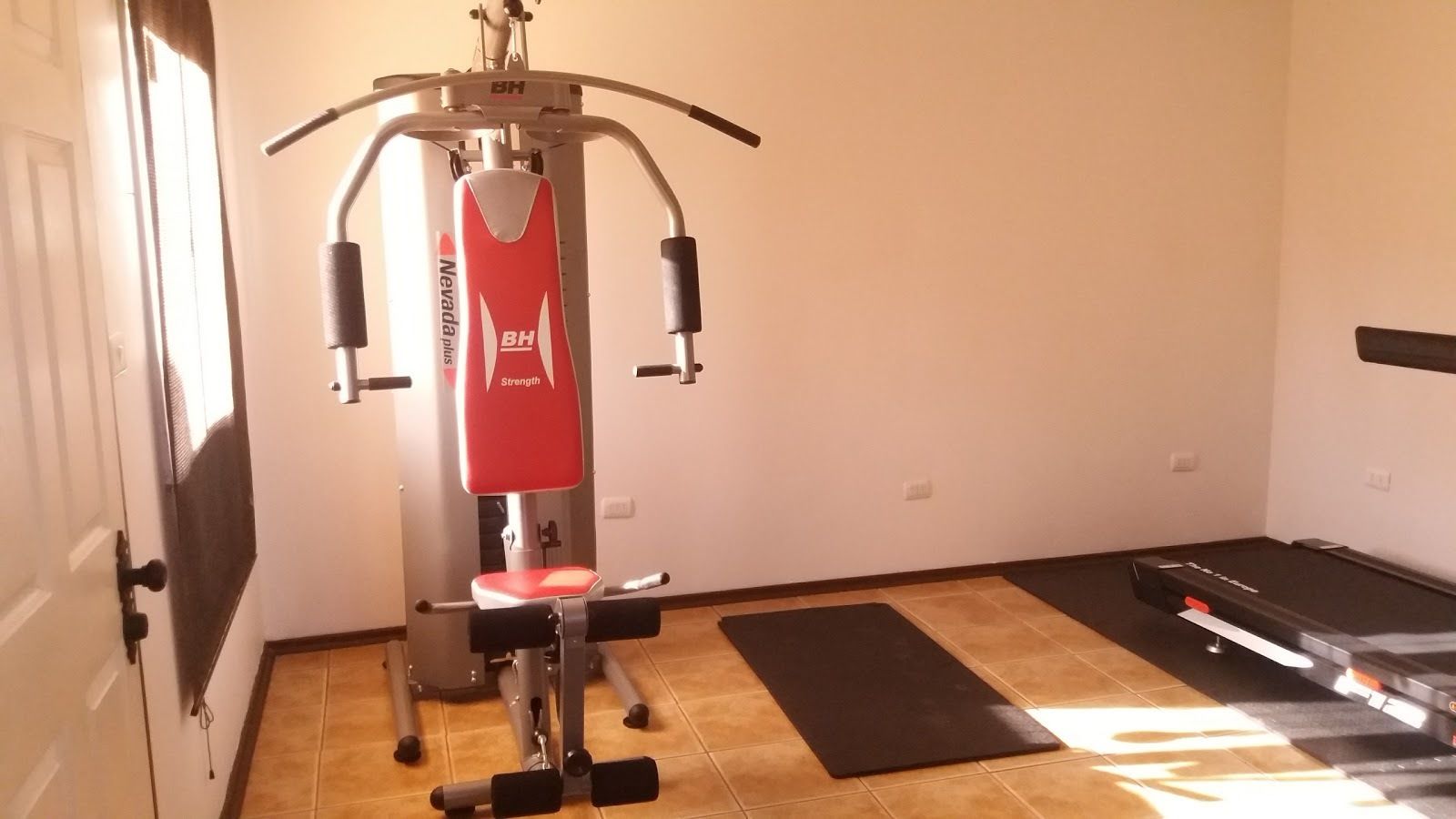 Un gimnasio con una máquina de entrenamiento de fuerza en rojo y plateado, una colchoneta de ejercicios negra y una mesa de billar.