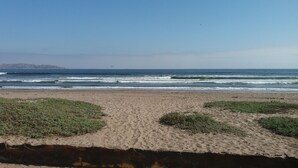 Una playa con arena y vegetación escasa.