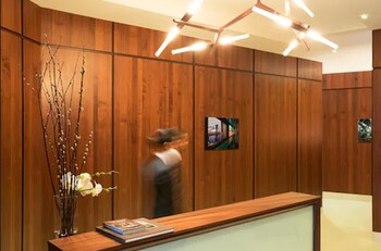 Hotel entrance and lobby at Leon Hotel LES