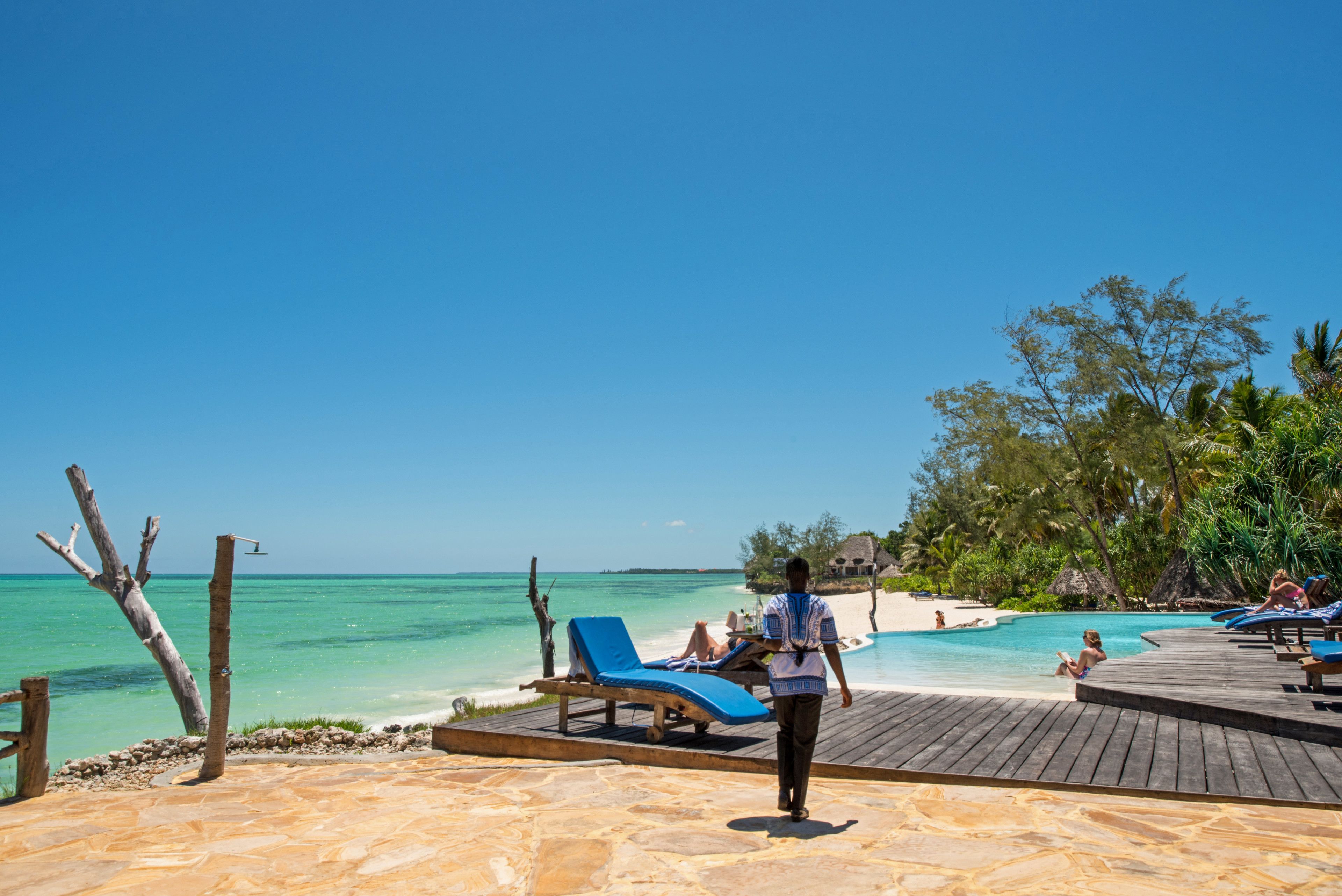 Outdoor pool, pool umbrellas, pool loungers