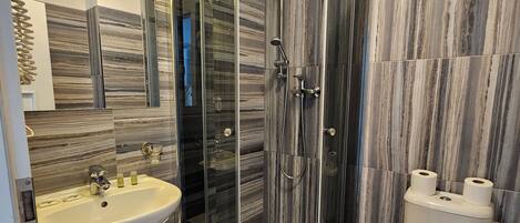 Shower, hair dryer, towels