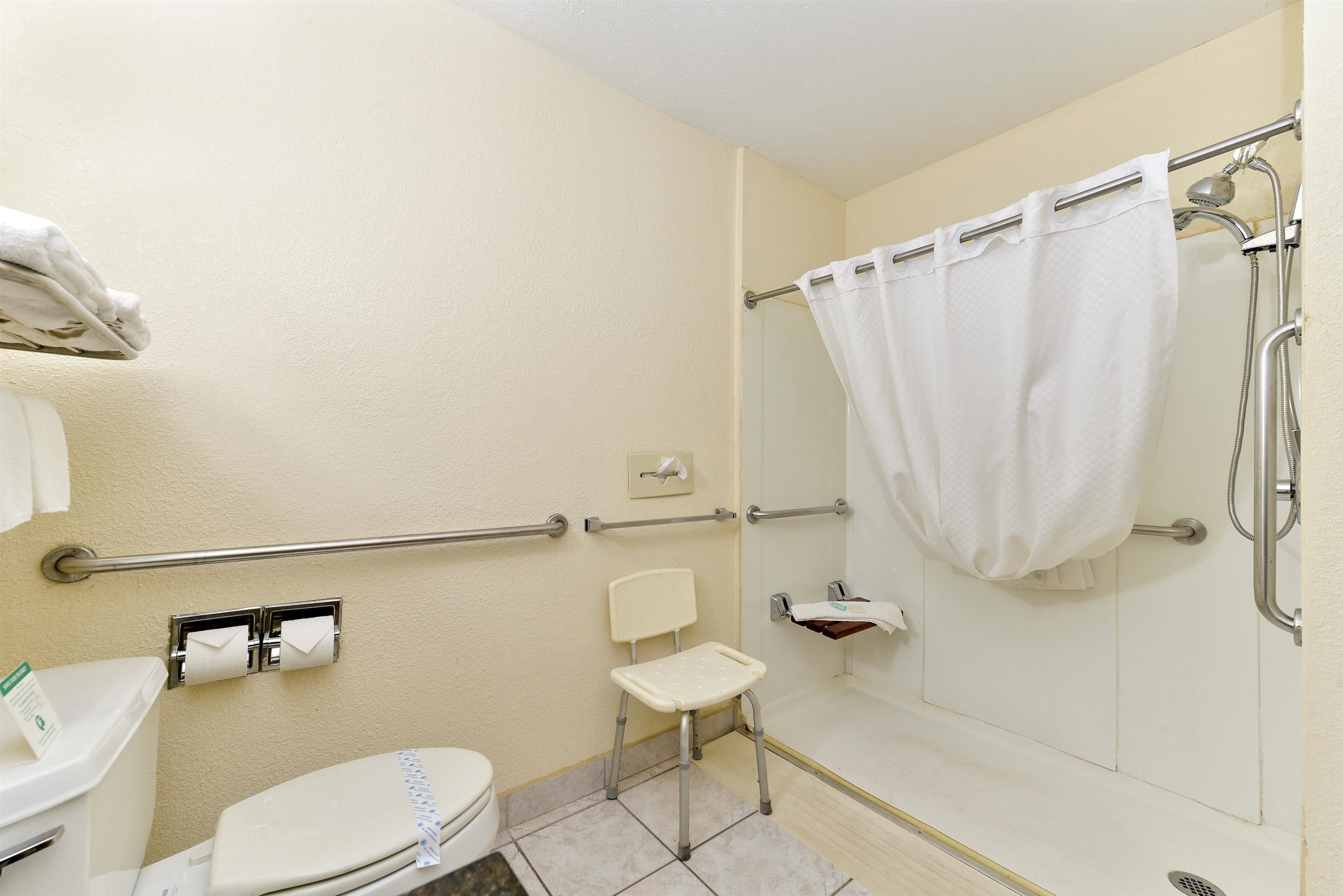 Un baño con inodoro, ducha con cortina blanca, barra de apoyo y una silla pequeña.