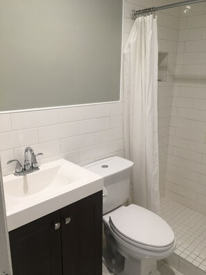 Combined shower/bathtub, free toiletries, hair dryer, towels