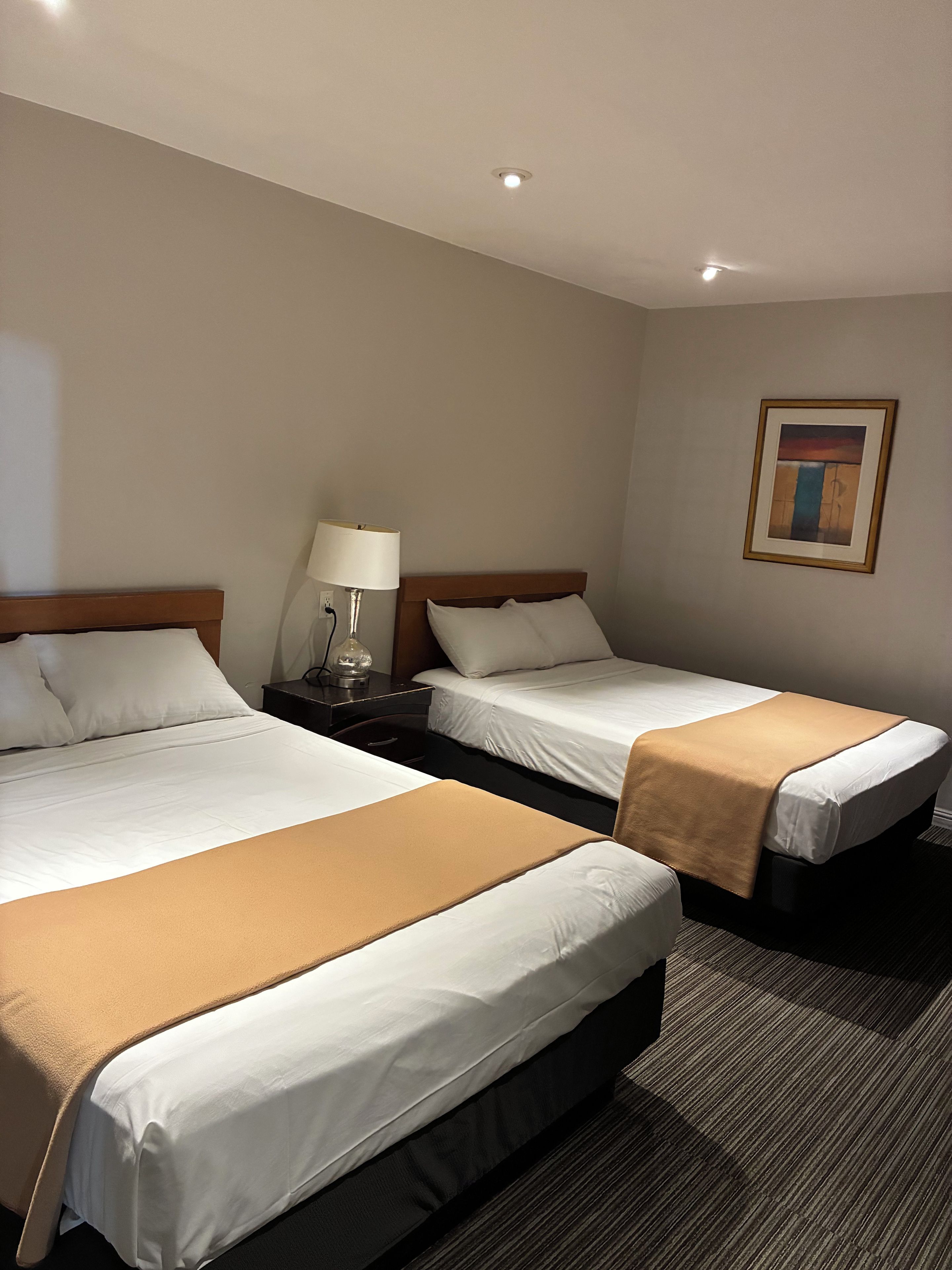 Habitación de hotel con dos camas, una mesita de noche con lámpara y un cuadro en la pared.