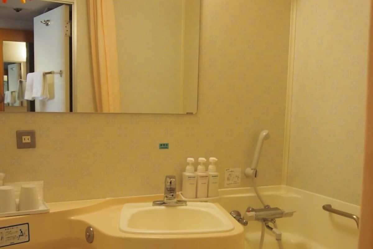 combined shower/bathtub, deep-soaking bathtub, hair dryer, slippers