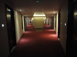 Un pasillo largo y estrecho con alfombra roja, puertas a ambos lados y una lámpara colgante en el centro.