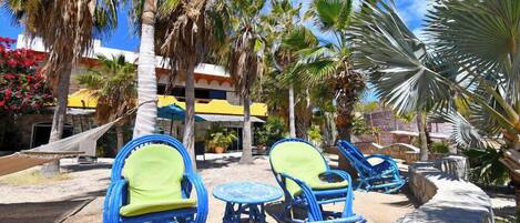 Eine Strandlounge mit blauen und grünen Liegestühlen und einem kleinen runden Tisch, umgeben von Palmen und einem Gebäude mit gelbem Markisenvorbau.
