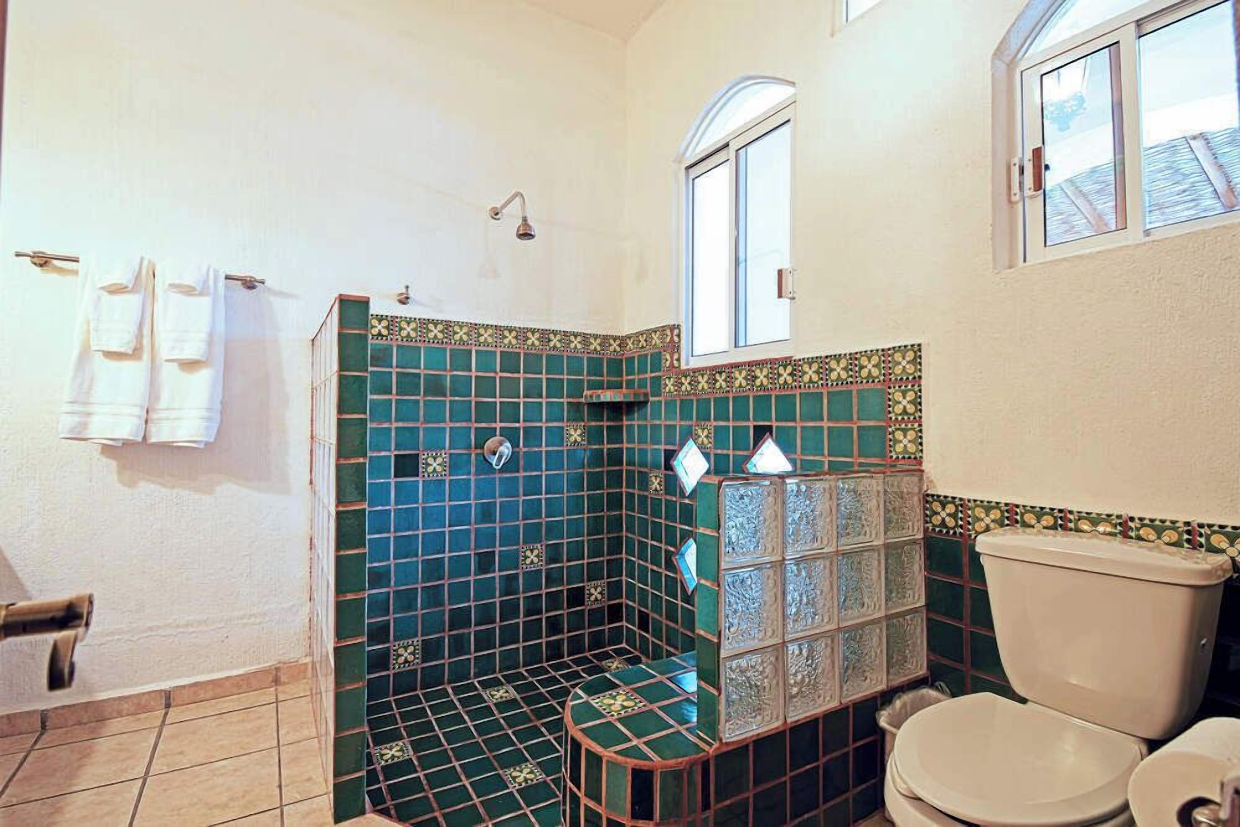 A bathroom with a shower, a toilet, and a window.