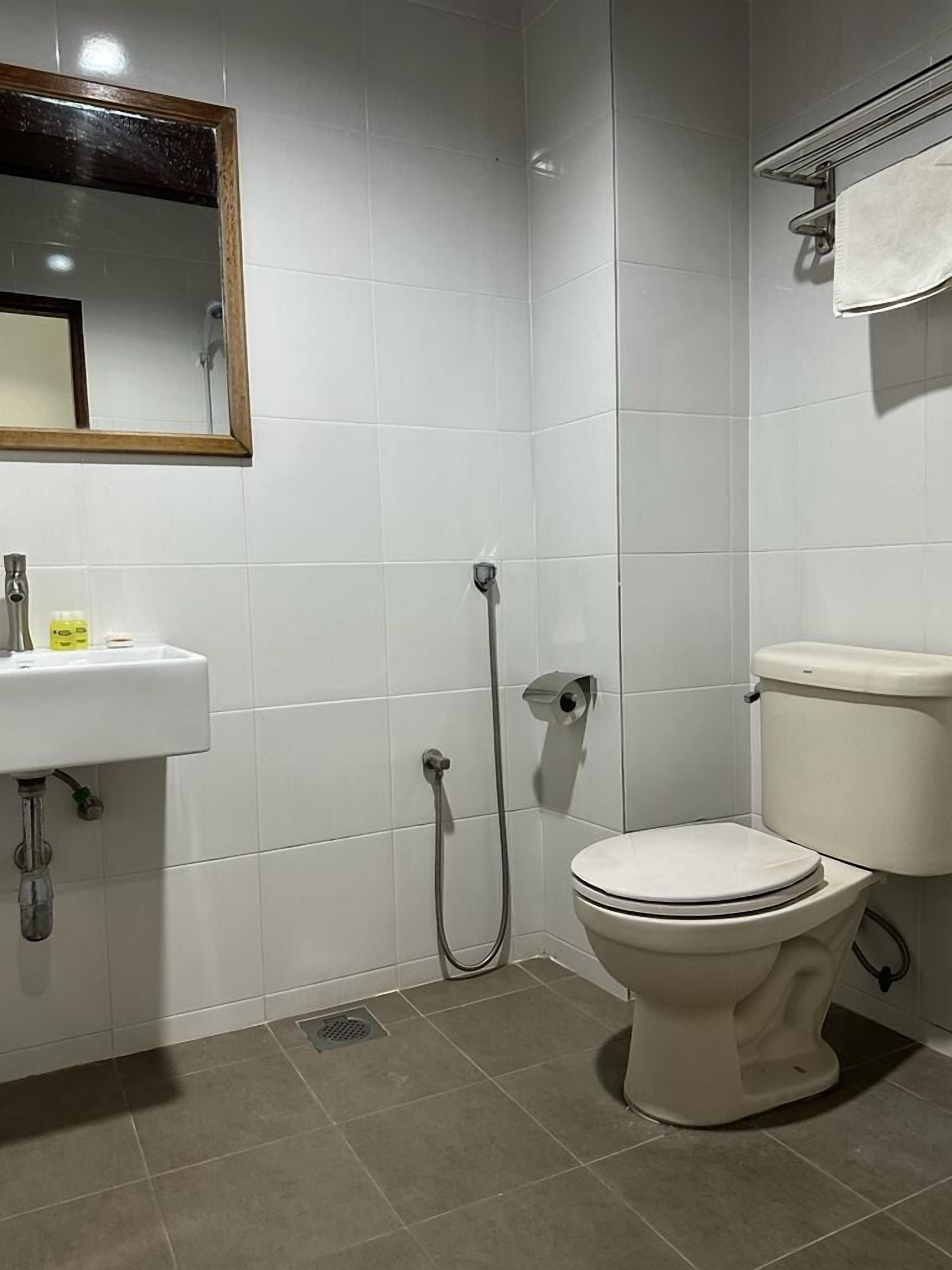 A bathroom with a white sink, mirror, toilet, and shower.