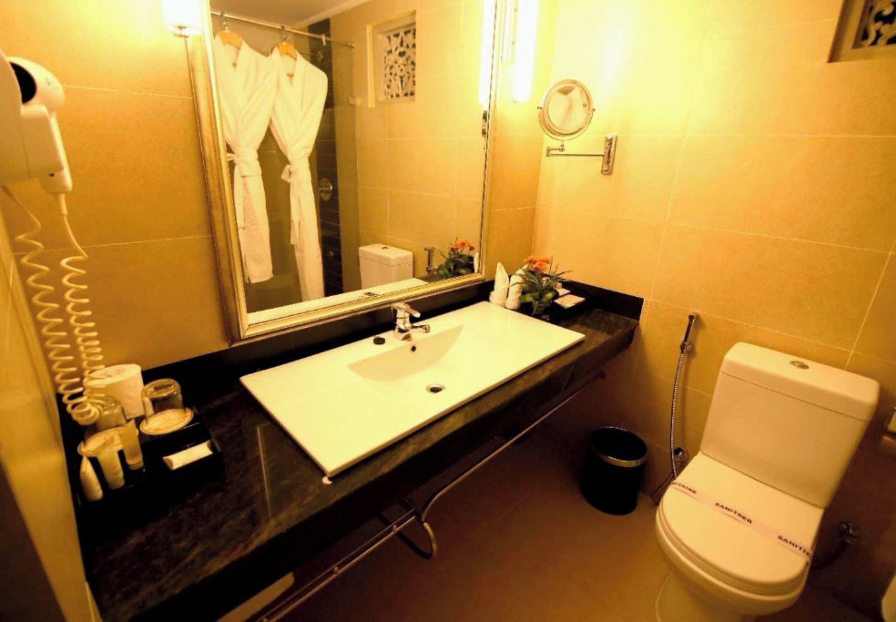 A hotel bathroom with a sink, mirror, toilet, and a hairdryer on the counter.
