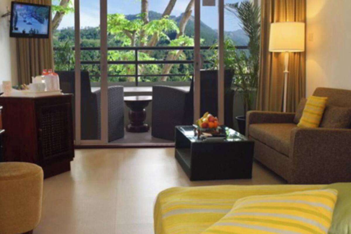 A hotel room with a bed, a sofa, a coffee table, a TV, and a view of the outdoors.