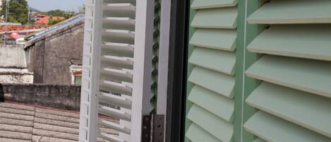 A view of a building with green shutters and a white door.