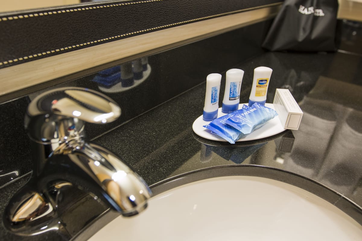 free toiletries, hair dryer, towels