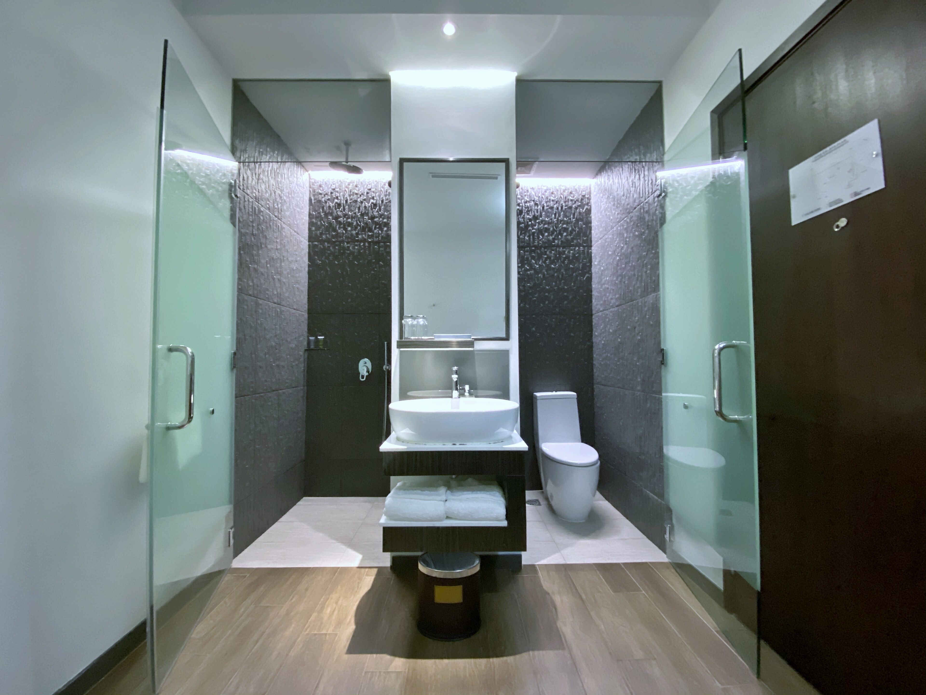 A modern bathroom with a glass-enclosed shower, a white sink, and a toilet.