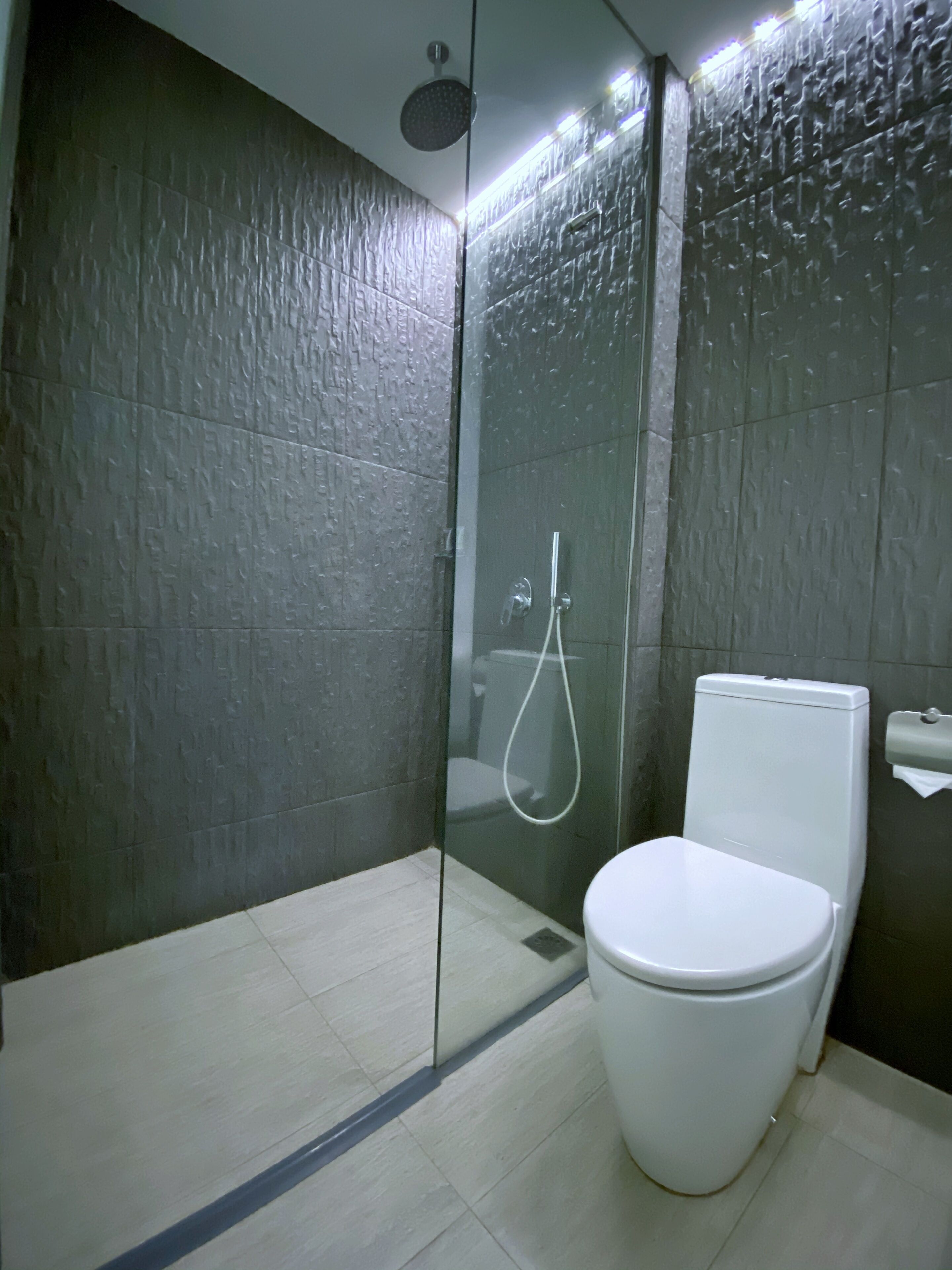 Une salle de bain moderne avec une douche à parois de verre, des toilettes blanches et un mur à texture.
