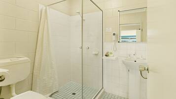 A bathroom with a glass-enclosed shower, a toilet, and a sink with a mirror above it.
