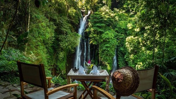 A table with chairs in a lush garden with a waterfall. - Sanak Retreat Bali (Gobleg)